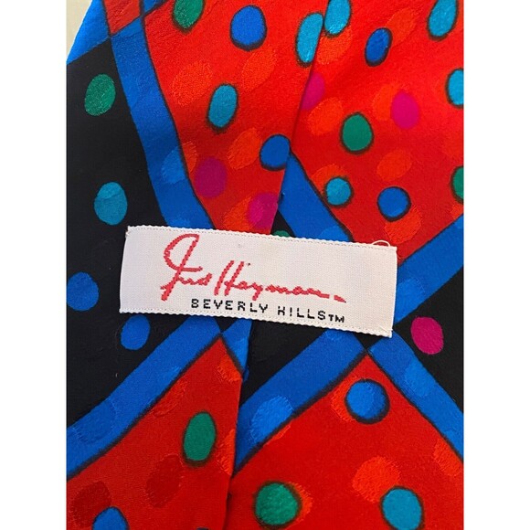 VTG FRED HAYMAN Beverly Hills 100% SILK TIE Red Polka Dot Geometric Colorful Blu - Picture 5 of 6